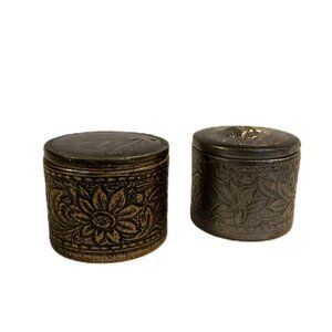 Set of 2 Brass-Colored Mini Round Lidded Trinket Boxes Snuff Boxes